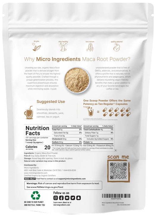Micro Ingredients Organic Maca Root Powder, 2 Pound, Gelatinized for Better