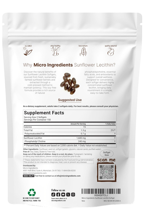 Micro Ingredients Sunflower Lecithin 1,600mg Per Serving, 300 Softgels