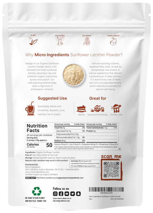 Organic Sunflower Lecithin Powder, 1 Pound, Sustainable Farmed, Cold Pressed