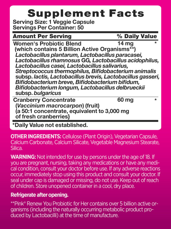 PINK Probiotics for Women - Digestive Health Support Capsules Plus Cranberry