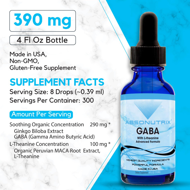 Absonutrix GABA with L-Theanine 290 mg, 4 Oz Liquid, 300 Servings, Made in USA