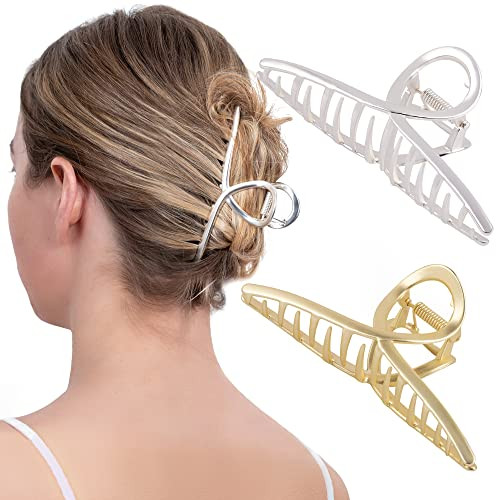 HOYDEPUNKT Hair Clips, Large Metal Banana Hair Claw Clips - Strong Hold Hair Accessories for Women, 2Pcs (Shiny Gold, Shiny Silver)