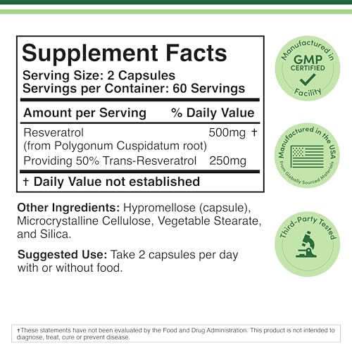 Resveratrol Supplement 500mg Per Serving, 120 Capsules (Resveratrol Polygonum