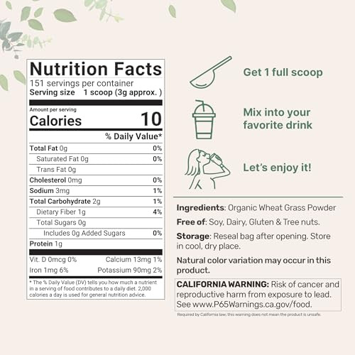 Sustainably US Grown, Organic Wheat Grass Powder (100% Whole-Leaf), 16 Ounce