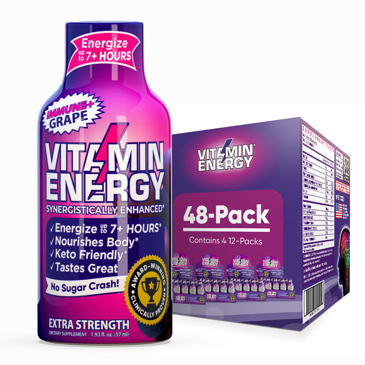 Vitamin Energy Immune+ Extra Strength Energy Shot Grape 48 Pack, 260mg Natural