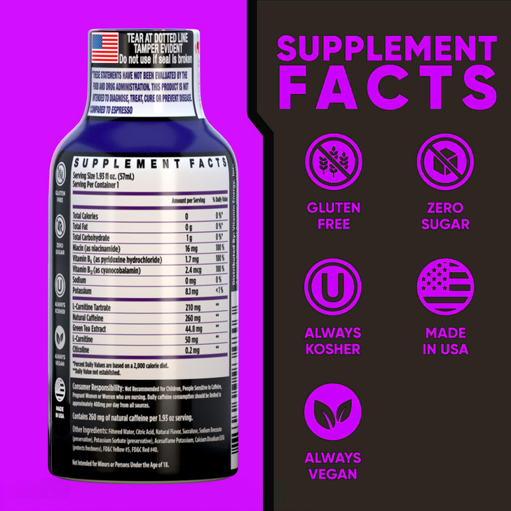 Vitamin Energy Immune+ Extra Strength Energy Shot Grape 48 Pack, 260mg Natural
