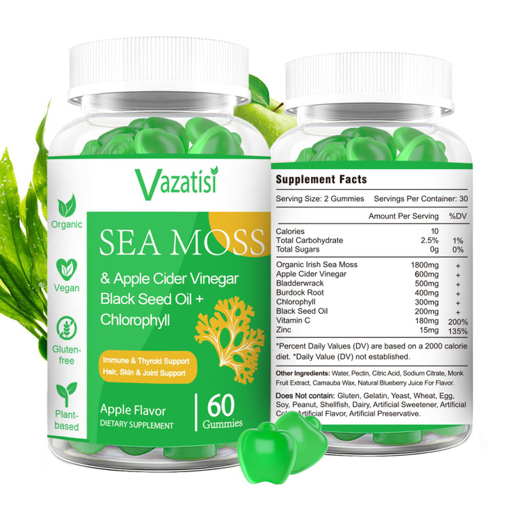 Vazatisi 2 Pack Organic Irish Sea Moss Gummies with Black Seed Oil, Chlorophyll