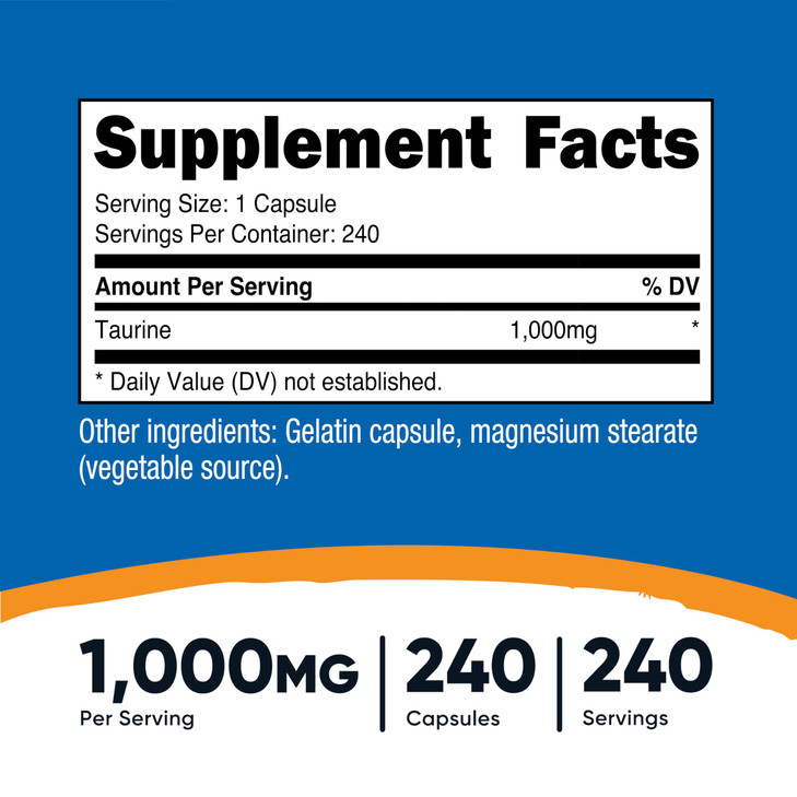 Nutricost Taurine 1000mg Capsules Supplement, 240 Capsules Per Bottle, Non-GMO &