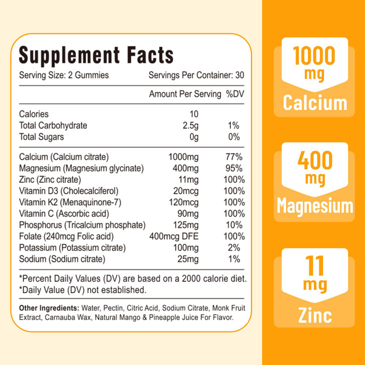 Calcium Magnesium Zinc Gummies with Vitamin D3 and K2, High Absorption Magnesium
