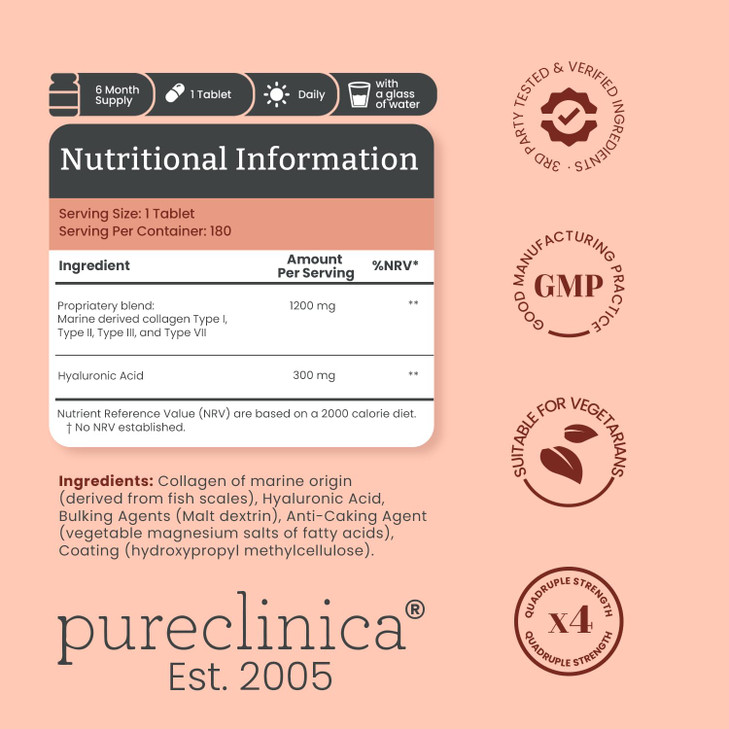pureclinica 1500mg UltraColl Collagen (1200mg) and Hyaluronic Acid (300mg) x 180