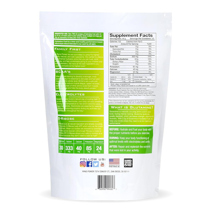 Ryno Power Hydration Fuel Electrolyte Drink Mix 2lb (20 Servings) 'Lemon Lime'