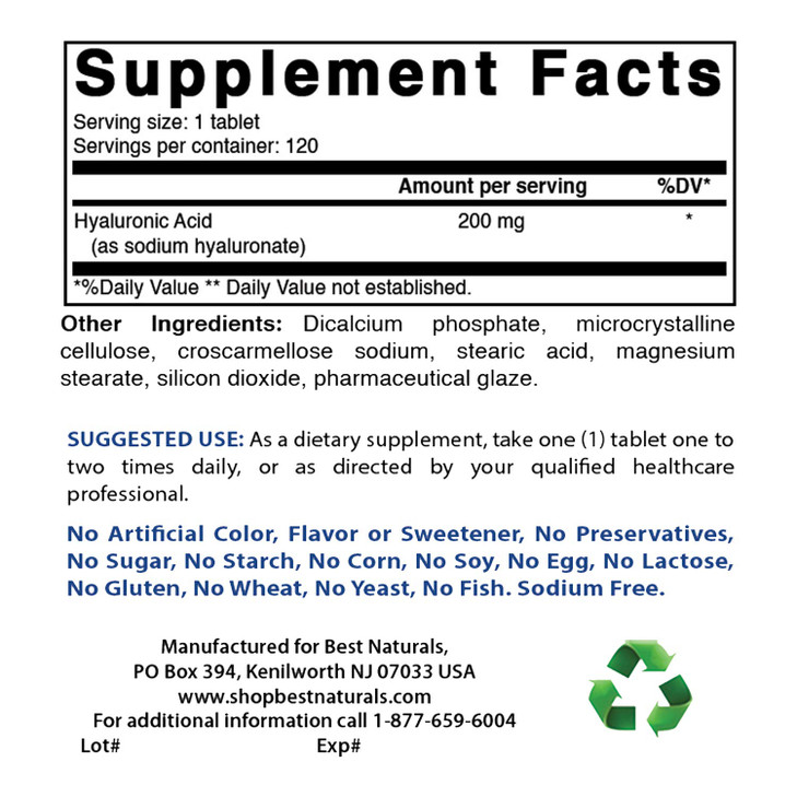 Best Naturals Hyaluronic Acid 200 mg 120 Tablets (Non-GMO, Gluten Free)