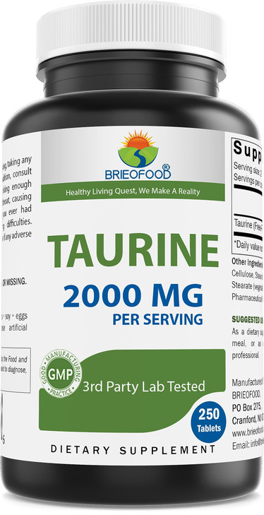 Brieofood Taurine 2000 mg per Serving- 250 Tablets