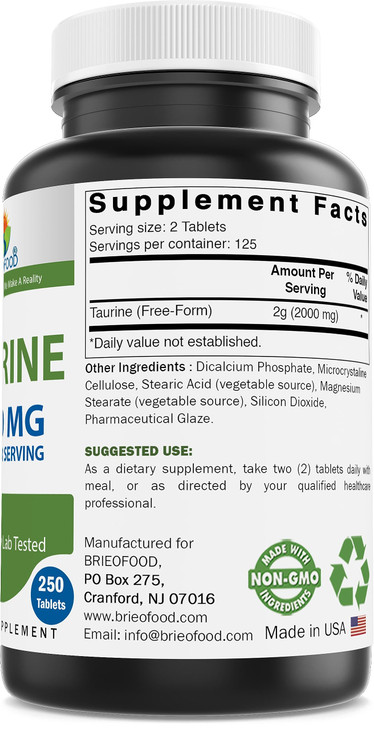 Brieofood Taurine 2000 mg per Serving- 250 Tablets