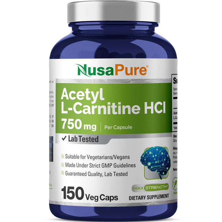 NusaPure Acetyl L-Carnitine 750mg per Caps 150 Veggie Capsules (Non-GMO, Vegan)