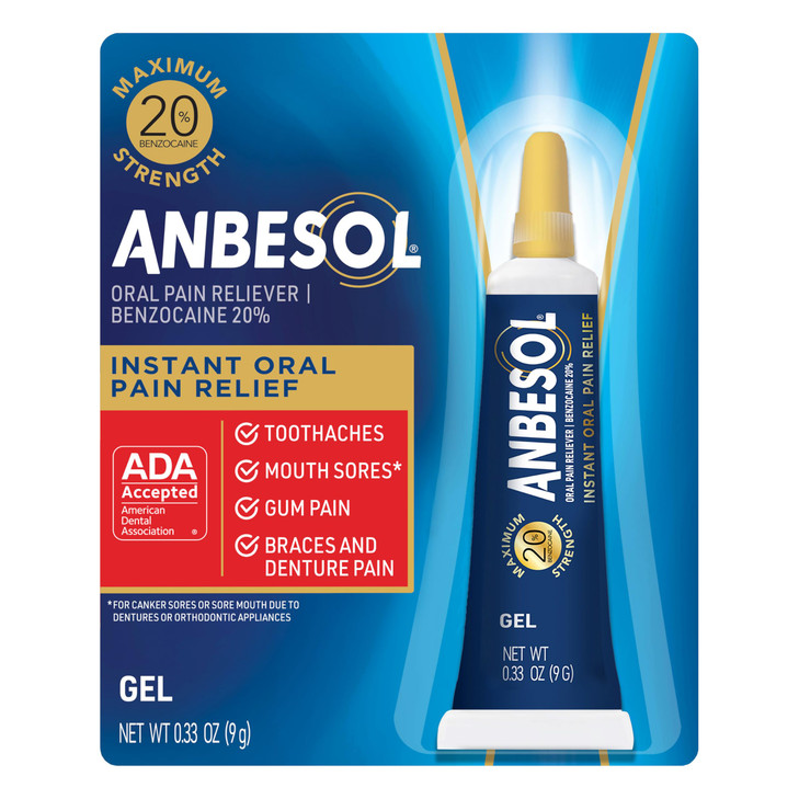 Anbesol Gel Maximum Strength - Instant Oral Pain Relief for Toothaches, Canker Sores, Sore Gums, Denture Pain - 0.33 oz