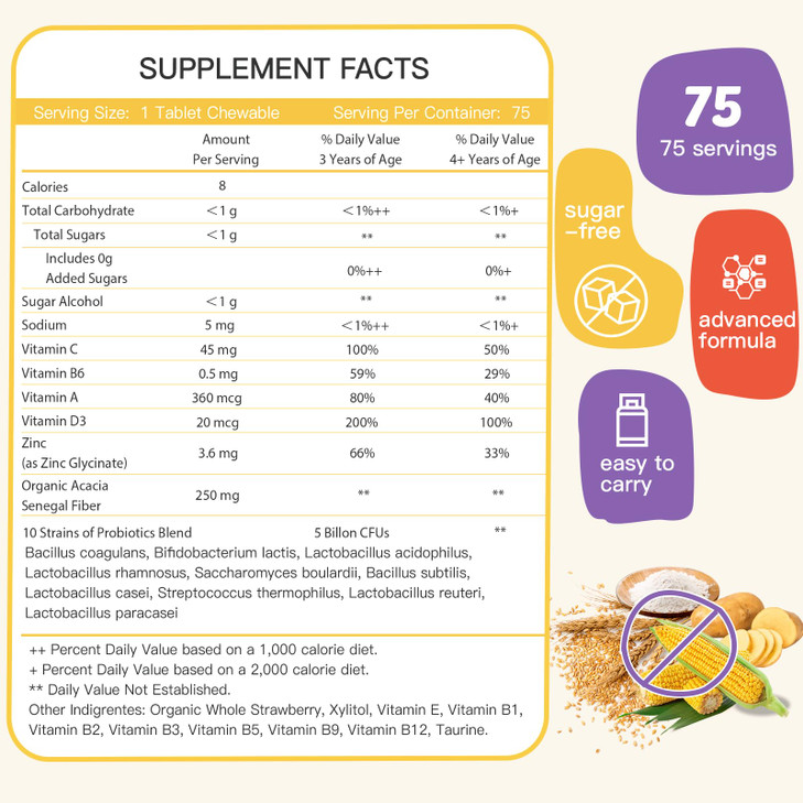 Kids Probiotic Chewables for Digestive Health with 5 Billion CFUs, Prebiotics