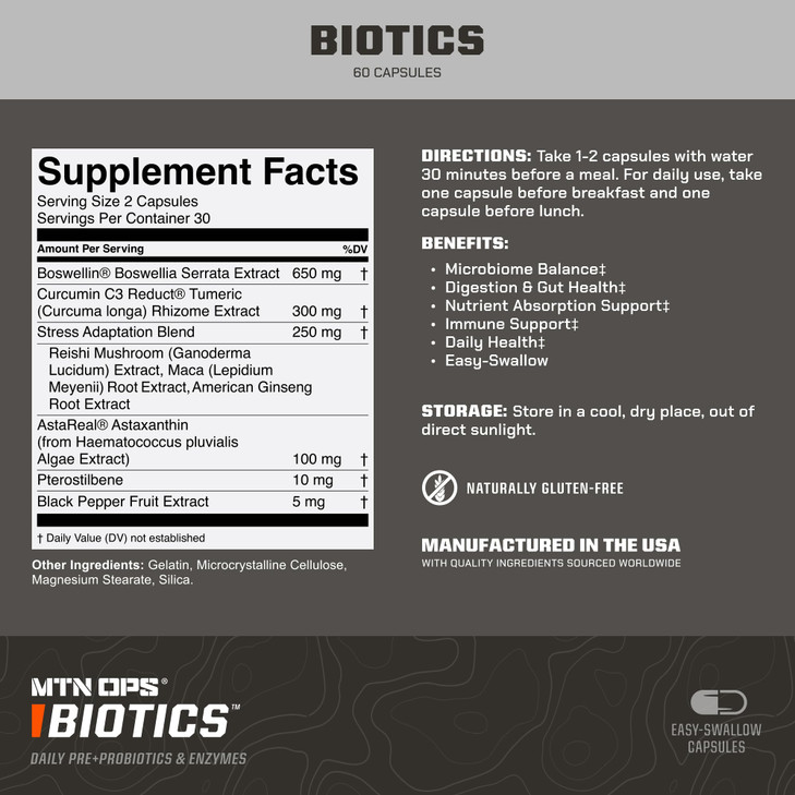 MTN OPS Biotics Daily Probiotic, Maca Root, Boswellia, Reishi Mushroom Capsules
