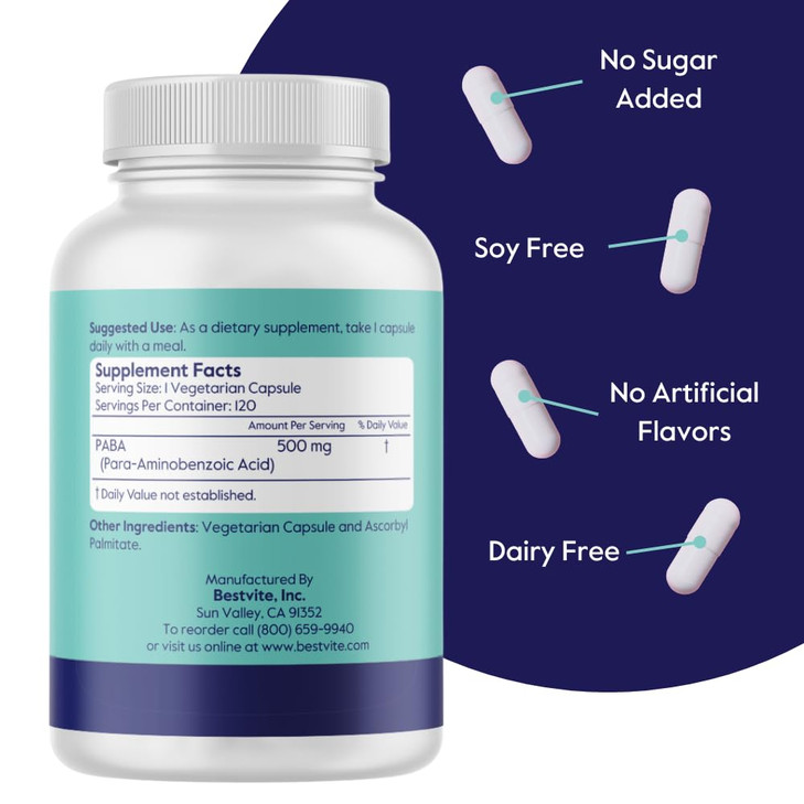 BESTVITE PABA 500mg (120 Vegetarian Capsules) (para-Aminobenzoic Acid)
