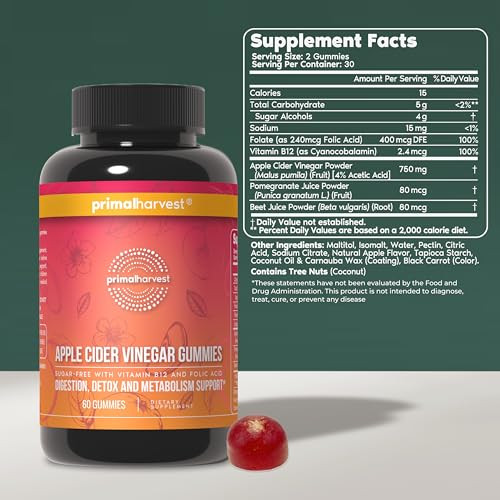 Primal Harvest ACV Gummies, 60 Sugar Free Apple Cider Gummies Beetroot