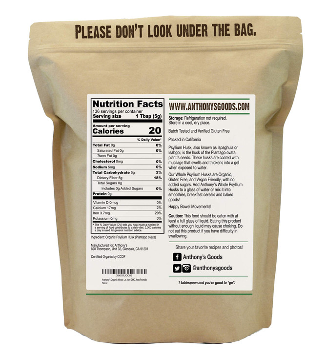 Anthony's Organic Whole Psyllium Husks, 1.5 lb, Dietary Fiber, Gluten Free, Non