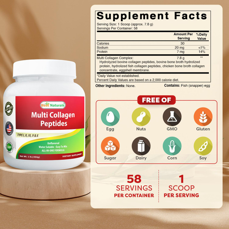 Best Naturals Multiple Collagen Peptides Protein Type I, II III, V & X Collagen