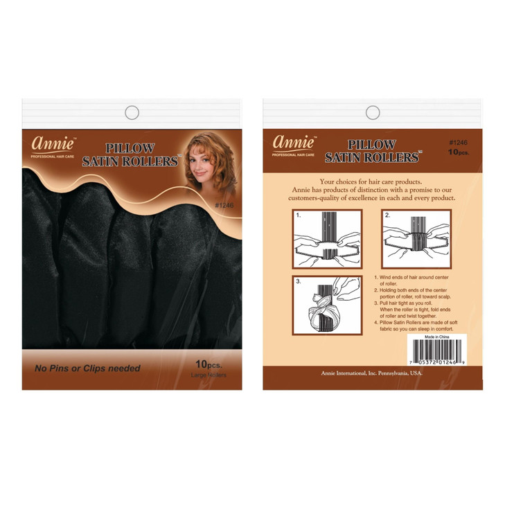 Annie Pillow Satin Rollers, 10 Count, Black, No Pins or Clips Needed, Soft Satin Fabric Helps Prevent Breakage, Snap Lock Closure, Ideal for Leaving