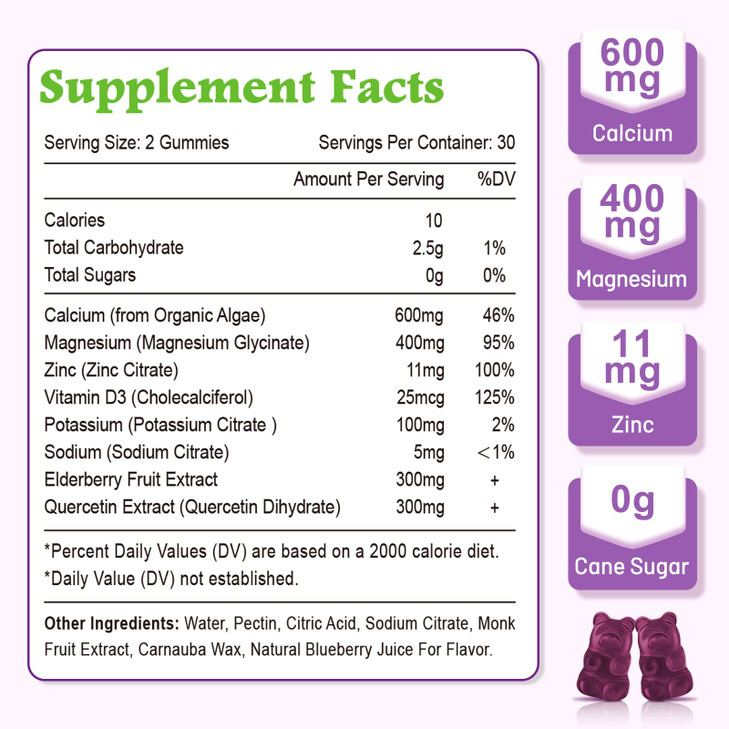 High Absorption Calcium Gummies, Calcium Magnesium Zinc with Magnesium