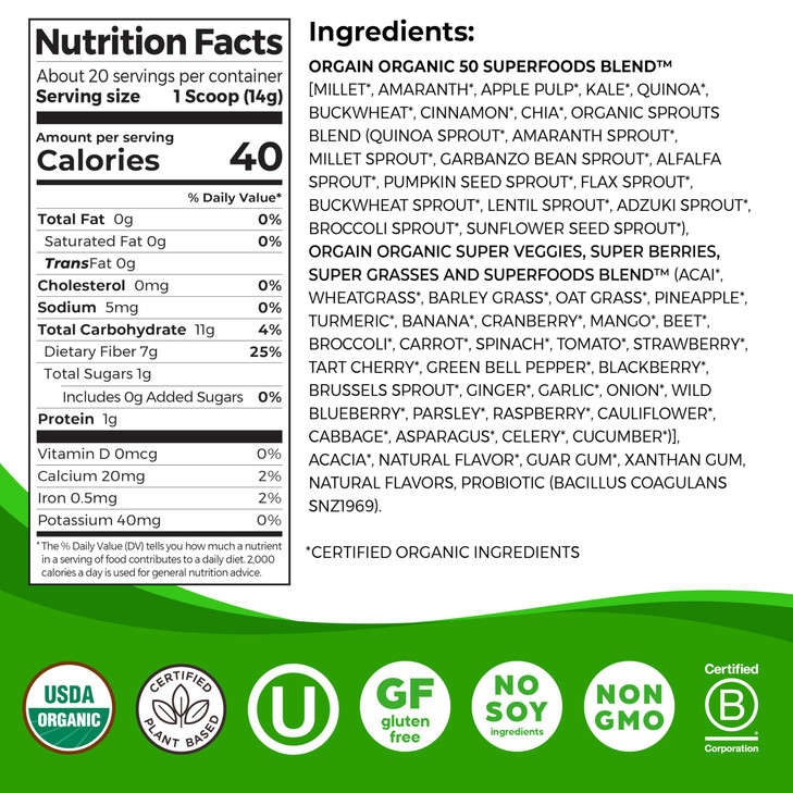 Orgain Organic Greens Powder + 50 Superfoods, Original