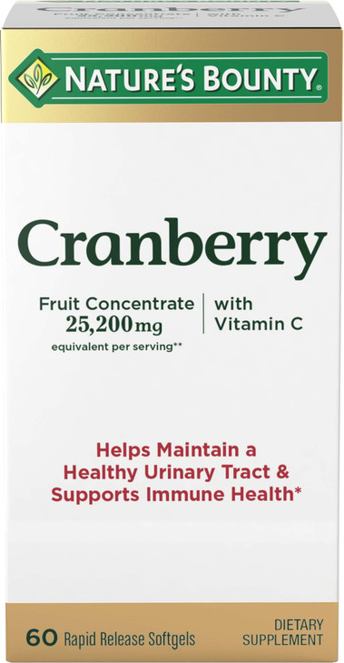 Nature's Bounty Cranberry Dietary Supplement, Supports Urinary Tract and Immune Health, Softgels, 25,200 Mg, 60 Ct