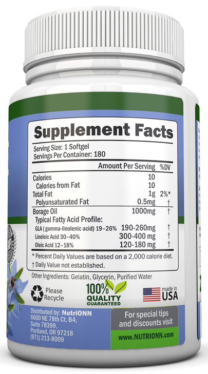 NutriONN Borage Oil - 1000 mg - 180 Softgels