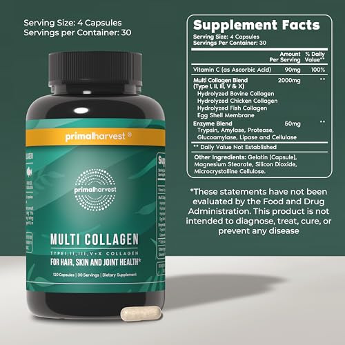 Primal Harvest Multi Collagen Pills for Women and Men (Type I, II, III, V, X)
