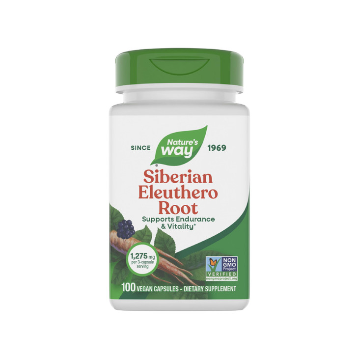 Nature's Way Premium Herbal Siberian Eleuthero Root Supplement, Supports Endurance & Vitality*, Adaptogen*, 1,275mg per 3-Capsule Serving, Non-GMO Pr