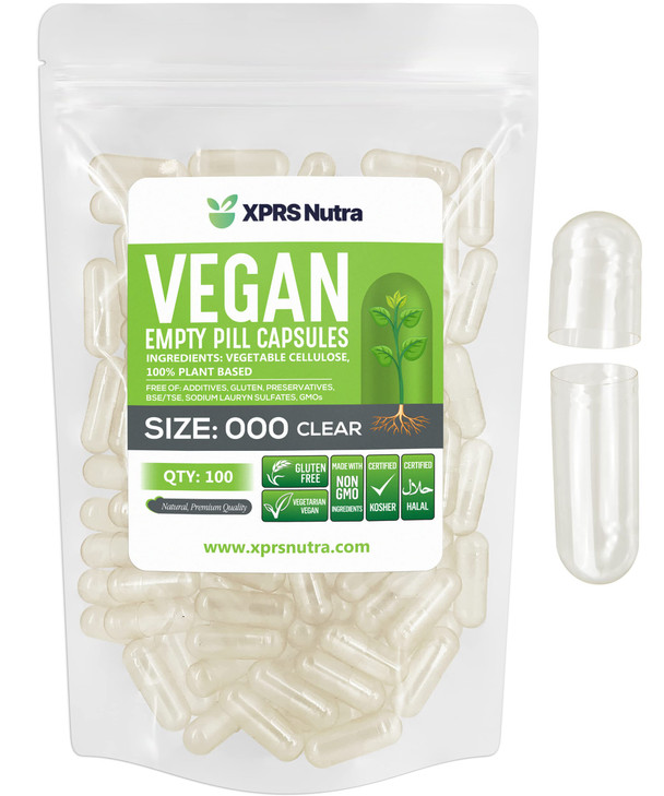 XPRS Nutra Vegan Size 000 Empty Capsules - 100 Count Clear Empty Vegan Capsules