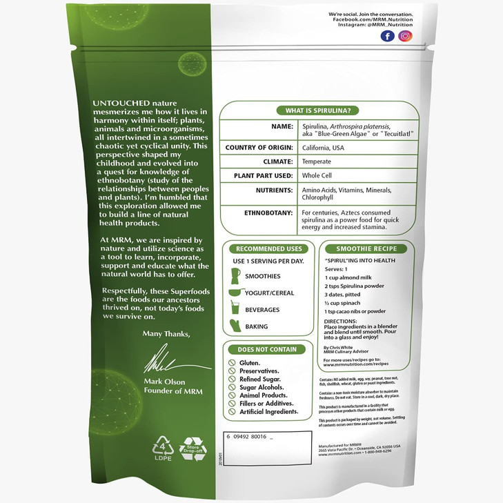MRM Nutrition Spirulina Powder - Superfood - Complete Plant Protein