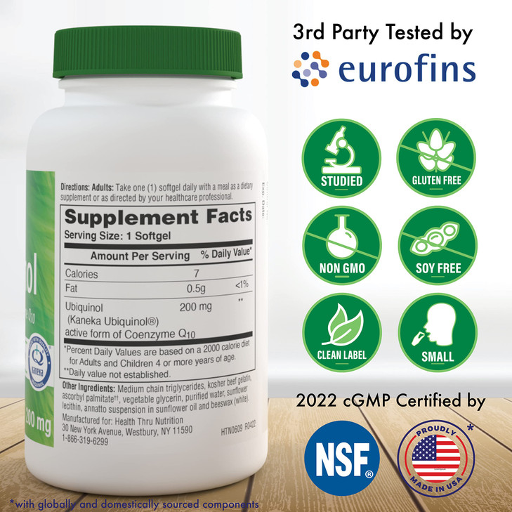 Health Thru Nutrition Ubiquinol 200mg 90 Softgels as Kaneka QH Reduced CoQ-10