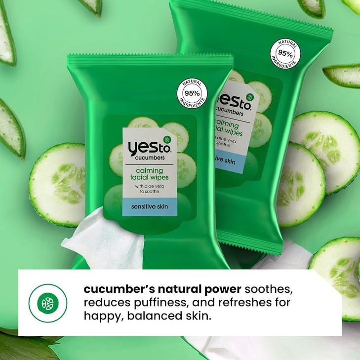 Yes To Face Wipes for Women and Men, Sensitive Facial Cleansing Wipes for use as a Make Up Remover, Cleaning, Soothing, Cucumbers Aloe Vera