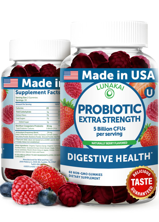 Lunakai USA Made Probiotic Gummies - 5 Billion CFUs, Vegan, Non-GMO, Gluten-Free