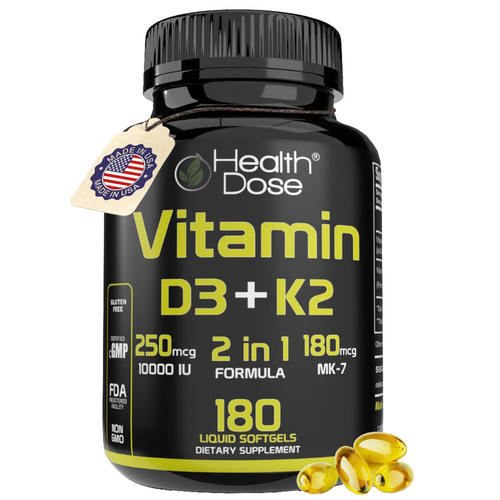 Health Dose Vitamin D3 10,000 IU + K2 (MK7) Supplement, 2-in-1 Formula, Immune