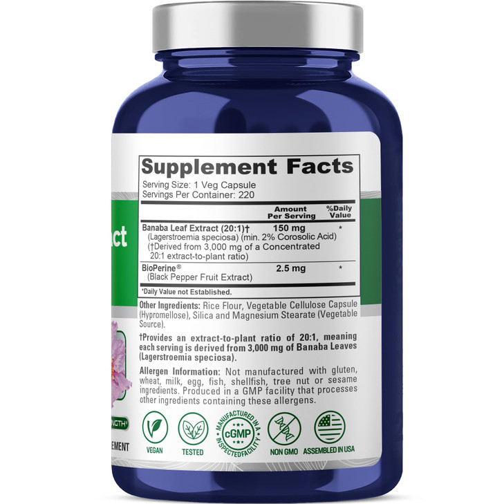 NusaPure Banaba Leaf 20:1 Extract, 150 mg Equivalent to 3,000mg Veg Caps, 220