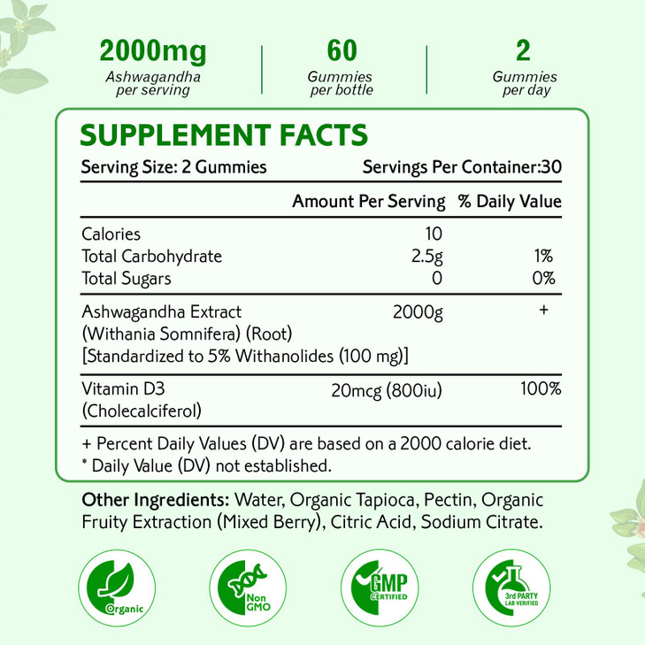 Zetelixia Ashwagandha Gummies, Extra Strength Vitamin D3, Organic Ashwa Root