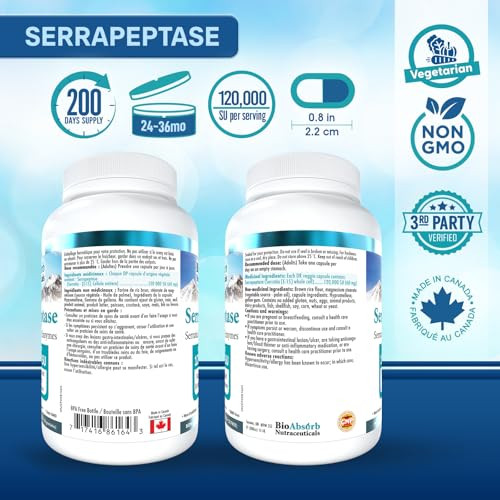 Bio Absorb Serrapeptase Enzyme, High Potency 120000 Units (SPU), 200-Day Supply