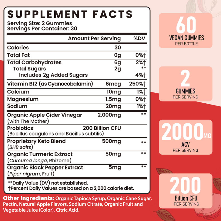 Apple Cider Vinegar Gummies, Max Strength 2000mg ACV Gummy with Probiotics, B12