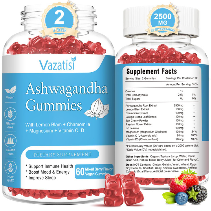 Vazatisi 2 Pack Ashwagandha Gummies for Women Men, Sugar Free Organic