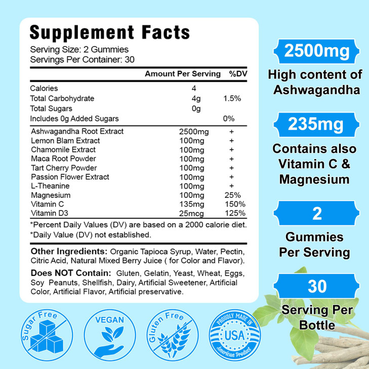 Vazatisi 2 Pack Ashwagandha Gummies for Women Men, Sugar Free Organic