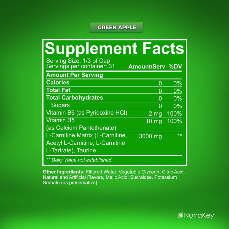 NutraKey L-Carnitine 3000mg, No Sugar, Gluten Free, Turn Into Fuel, (Green