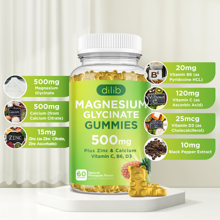 Magnesium Glycinate Gummies 500mg Magnesium Supplement with Calcium, Zinc