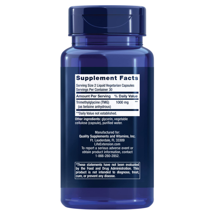 Life Extension TMG, trimethylglycine, Encourages Healthy homocysteine Levels, Non-GMO, Gluten-Free, Vegetarian, 60 Capsules