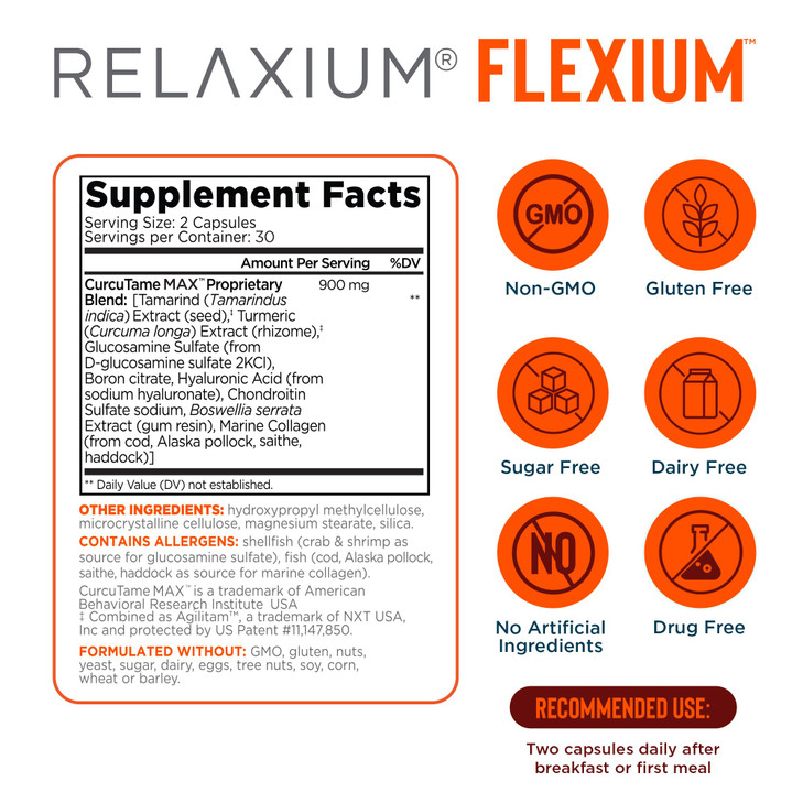 Relaxium Flexium Joint Support Supplement, Drug-Free, with CurcuTame Blend