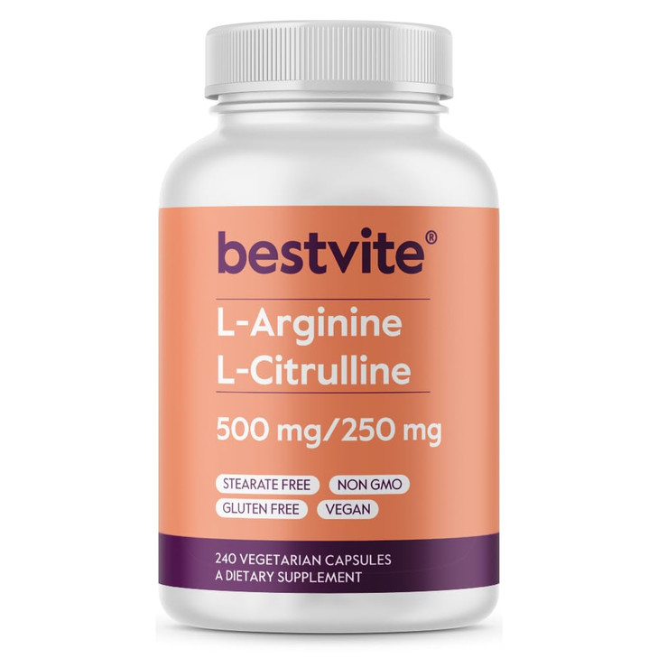 BESTVITE L-Arginine L-Citrulline 500mg / 250mg Vegan (240 Vegetarian Capsules)